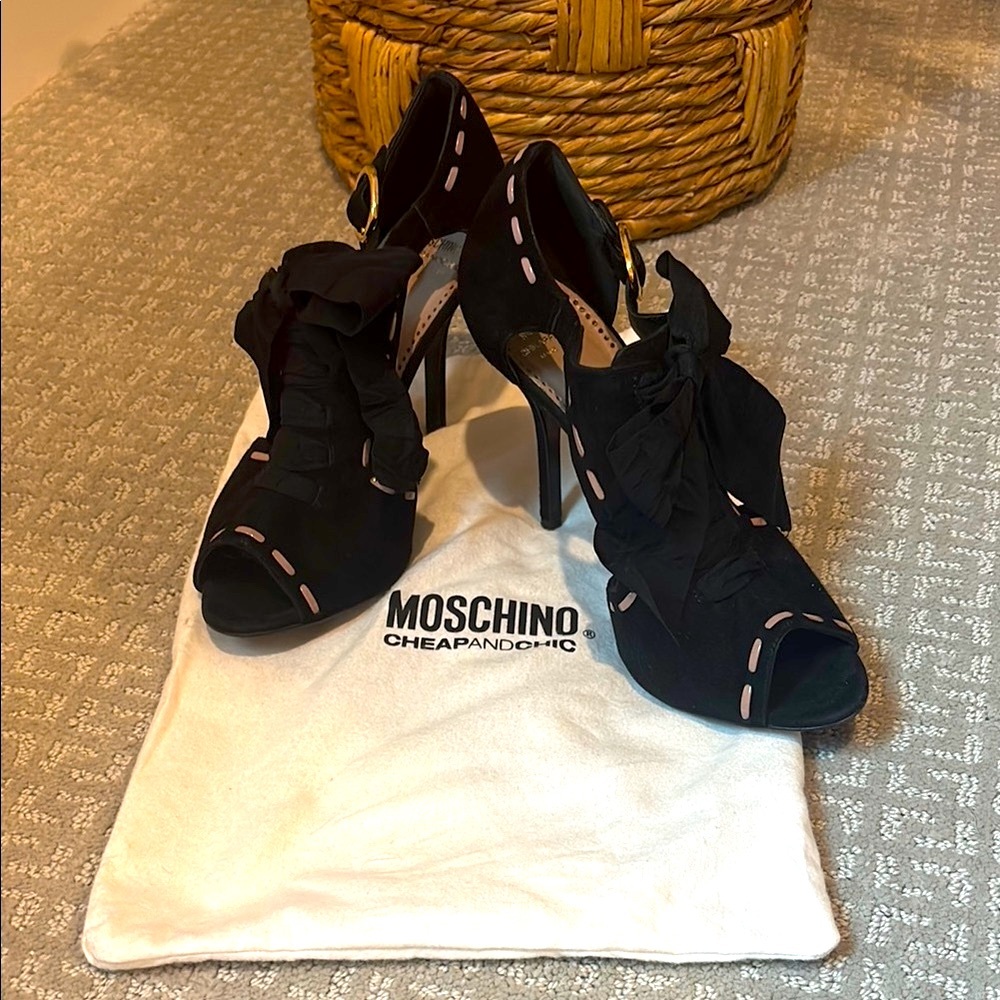 Moschino Cheap & Chic Suede Peep-toe Heels with Bows & Straps, Euro 39/US 9